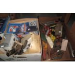 Two boxes of assorted model diecast vehicles, model of a Queen Mary ship, student microscopes