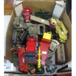 Box of assorted play worn diecast model vehicles, Corgi, Matchbox etc, lorries and similar vehicles.