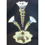 Victorian green vaseline glass epergne having single central tall flute with two shaped side flutes,
