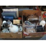 Two boxes of assorted items to include; silver plated entree dishes, Caithness glass paperweight