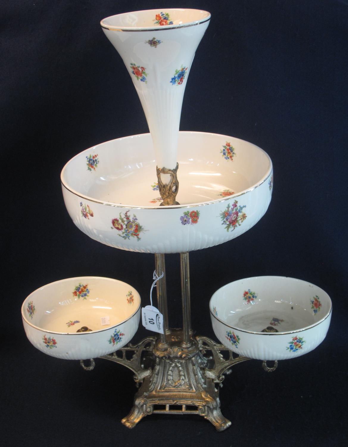 20th Century Staffordshire pottery and gilded metal table centre epergne with single flute and three