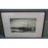 H Macbeth-Rackham, estuary scene with figure on boardwalk, uncoloured etching, signed in pencil by