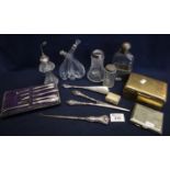 Box of assorted metalware and glassware including; flask, cigarette box, dressing table jars, double