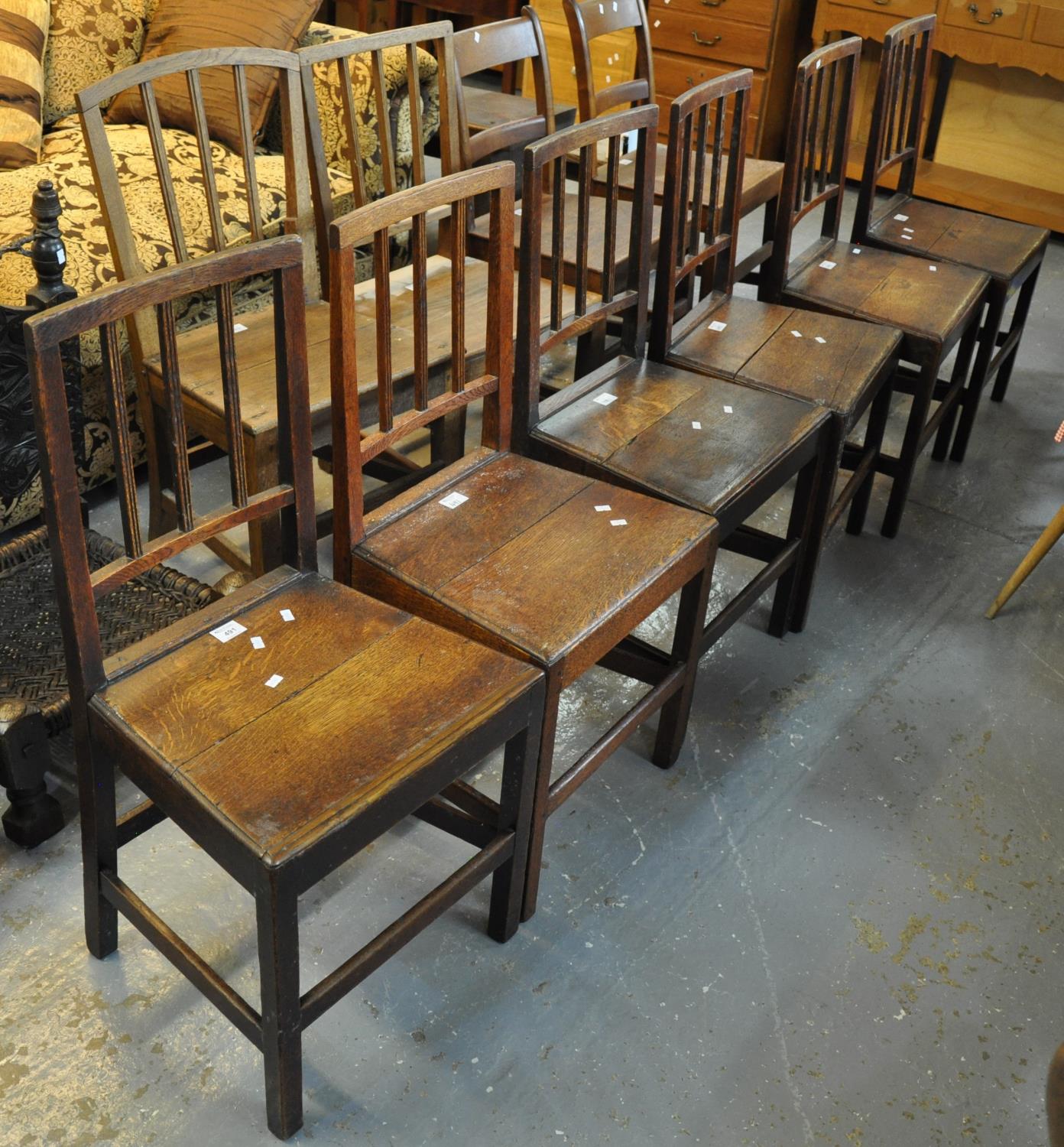 Set of six early 19th century oak farmhouse stick back kitchen chairs. (6) (B.P. 21% + VAT)