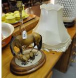 Italian ceramic table lamp with shade in the form of a horse and her foal on mahogany finish base,