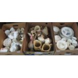 Three boxes of assorted china to include; 19th Century teaware, reproduction fireside spaniels,