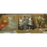 Two boxes of metalware and a box of glass, to include; brass candlesticks, brass letter rack,