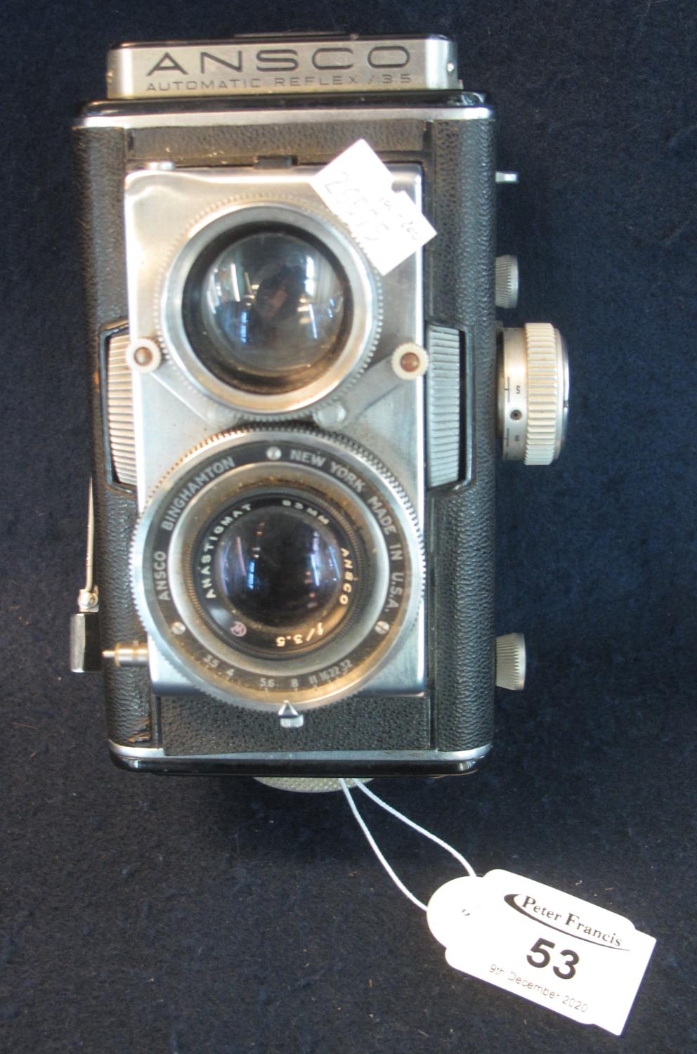 Ansco automatic twin lens reflex roll film camera with Ansco 83mm lens. (B.P. 21% + VAT) Sold as