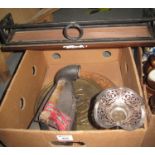 Box of oddments to include; brass charger, silver plated trumpet vase, copper charger and a