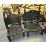 Pair of heavily carved low Indian chairs with wicker seats (possibly Gujarati). (2) (B.P. 21% + VAT)