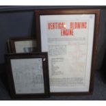 Framed print depicting the design of a Cornish beam engine published by London's Living Steam Museum