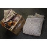 Mixed box of textiles to include; a vintage woollen blue honeycomb blanket, two vintage woollen