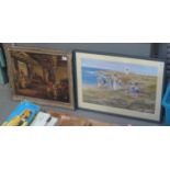 Two large furnishing prints, manor house interior and figures on a beach with clifftop lighthouse,