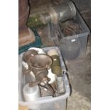 Three boxes of assorted metalware to include; aluminium milk churns, large cast iron kettles,