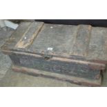 Military style rustic box with metal mounts and rope carrying handles marked to the top BA. (B.P.