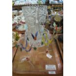 Pair of Murano style art glass trees with birds, together with a moulded glass vase and a circular