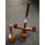 Hand made hardwood sculptors maul , together with an adjustable hardwood two branch candelabrum.