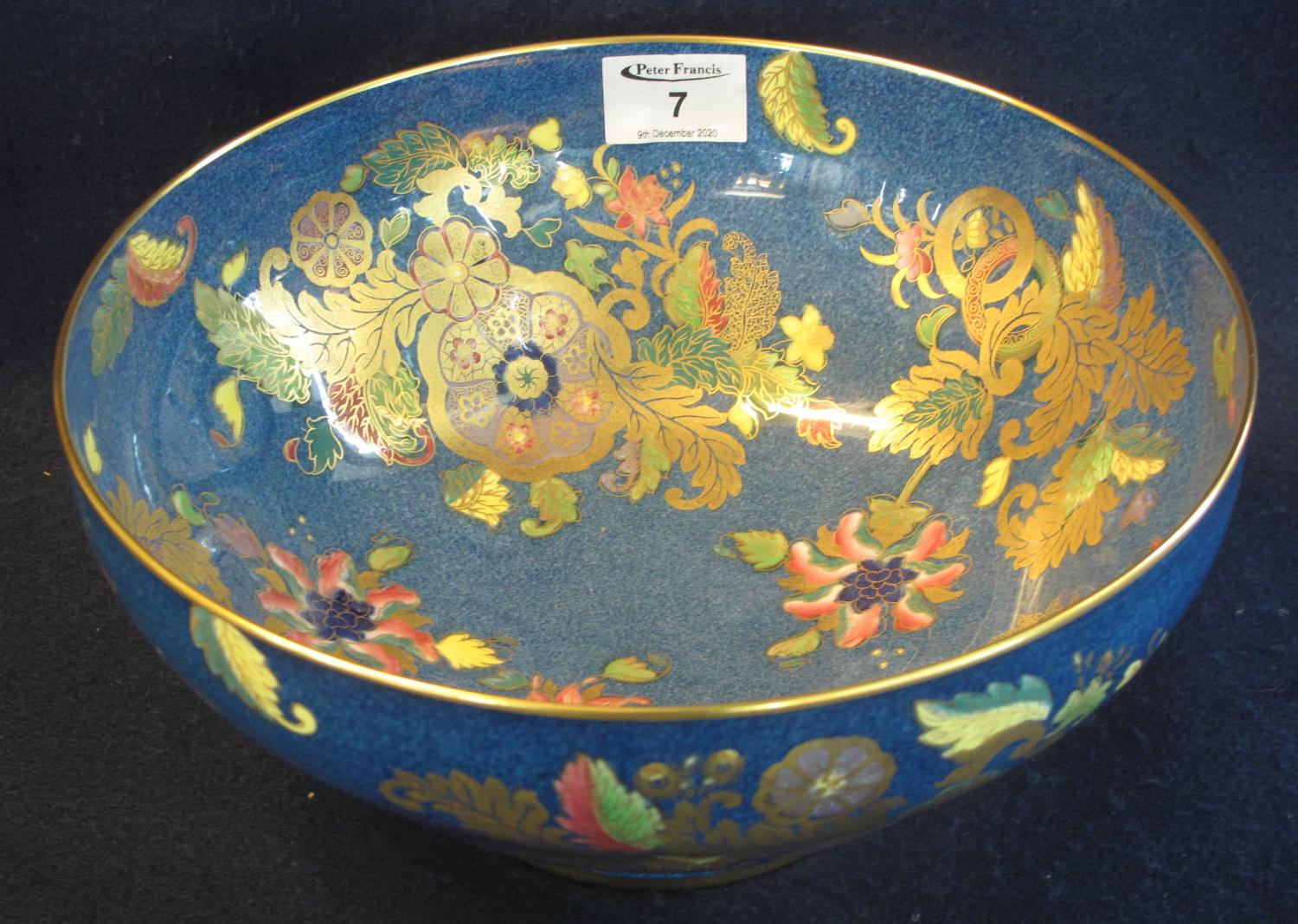 Spode bone china fruit bowl overall decorated with gilded foliate designs on a mottled blue