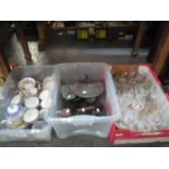 Box of assorted drinking vessels, together with a box of metalware including; weights, shoe last etc