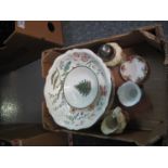 Box of assorted china to include; Wedgwood moulded leaf plate, Charlotte Rhead tube lined