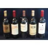 Five bottles of red wine to include; Chateau Belaire Sant Emilion Grand Cru 2001, Chateau Beaumont