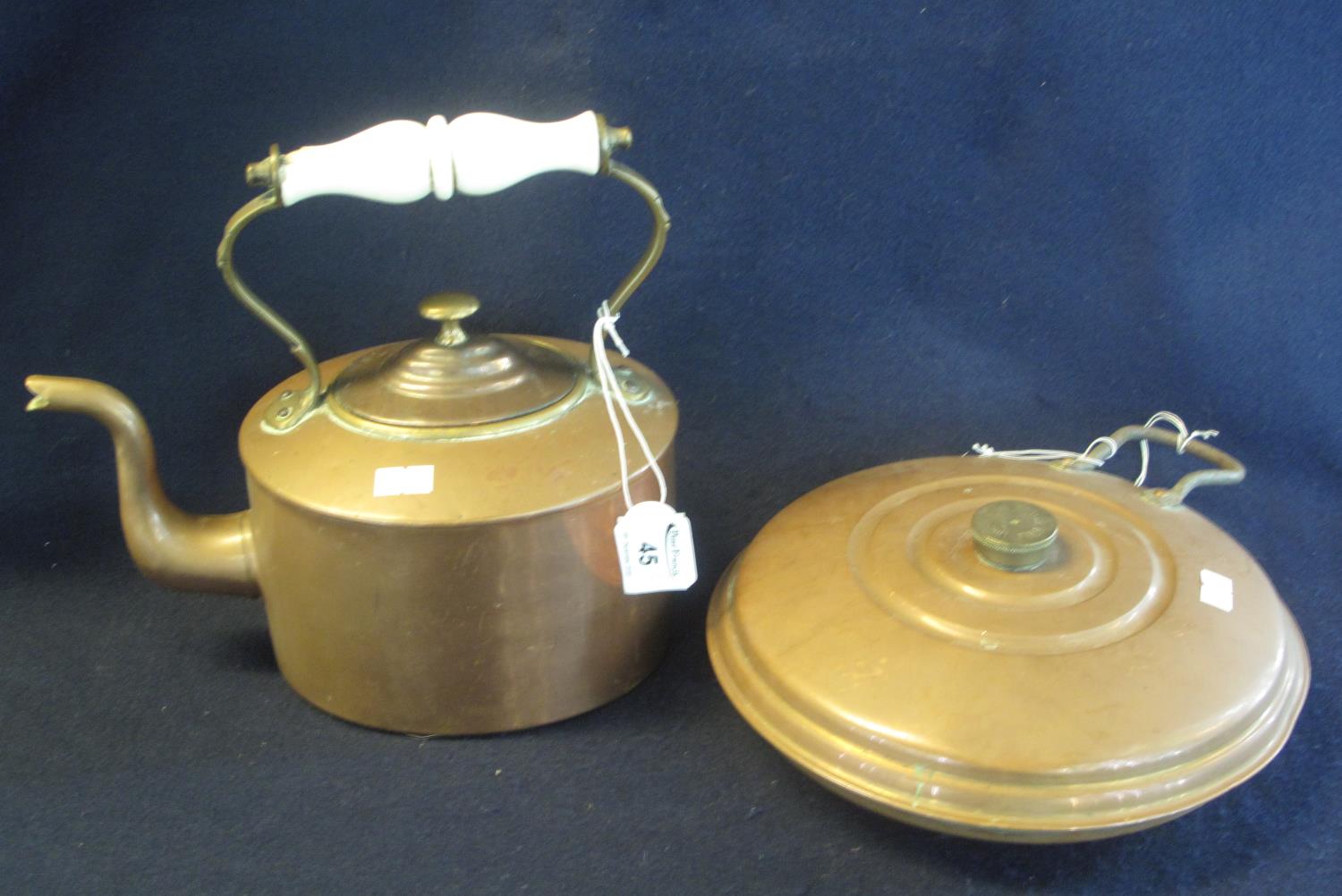 19th Century copper and brass kettle with ceramic handle, together with a copper hot water bottle of