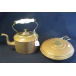 19th Century copper and brass kettle with ceramic handle, together with a copper hot water bottle of