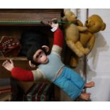 Two gold plush vintage teddy bears and a toy chimpanzee with rubber hands and feet. (3) (B.P.
