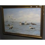 T.W Palmer, study of shell ducks and other waterfowl, signed and dated 1987, oils on canvas. 51 x