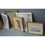 A box containing a large collection of mainly Second World War aircraft prints, framed. (B.P.
