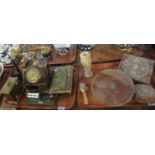 Two trays of onyx and other hardstone items to include; vintage style telephone, cigarette box,