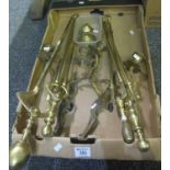 Box of brass to include; companion set, graduated weights, pair of two section candelabra wall