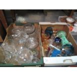 Two boxes of assorted clear and art glass items to include; drinking vessels, bowls, vases,