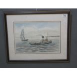 S Leyland, steam tug and sailing vessel, signed, watercolours, 26 x 36cm approx. Framed and