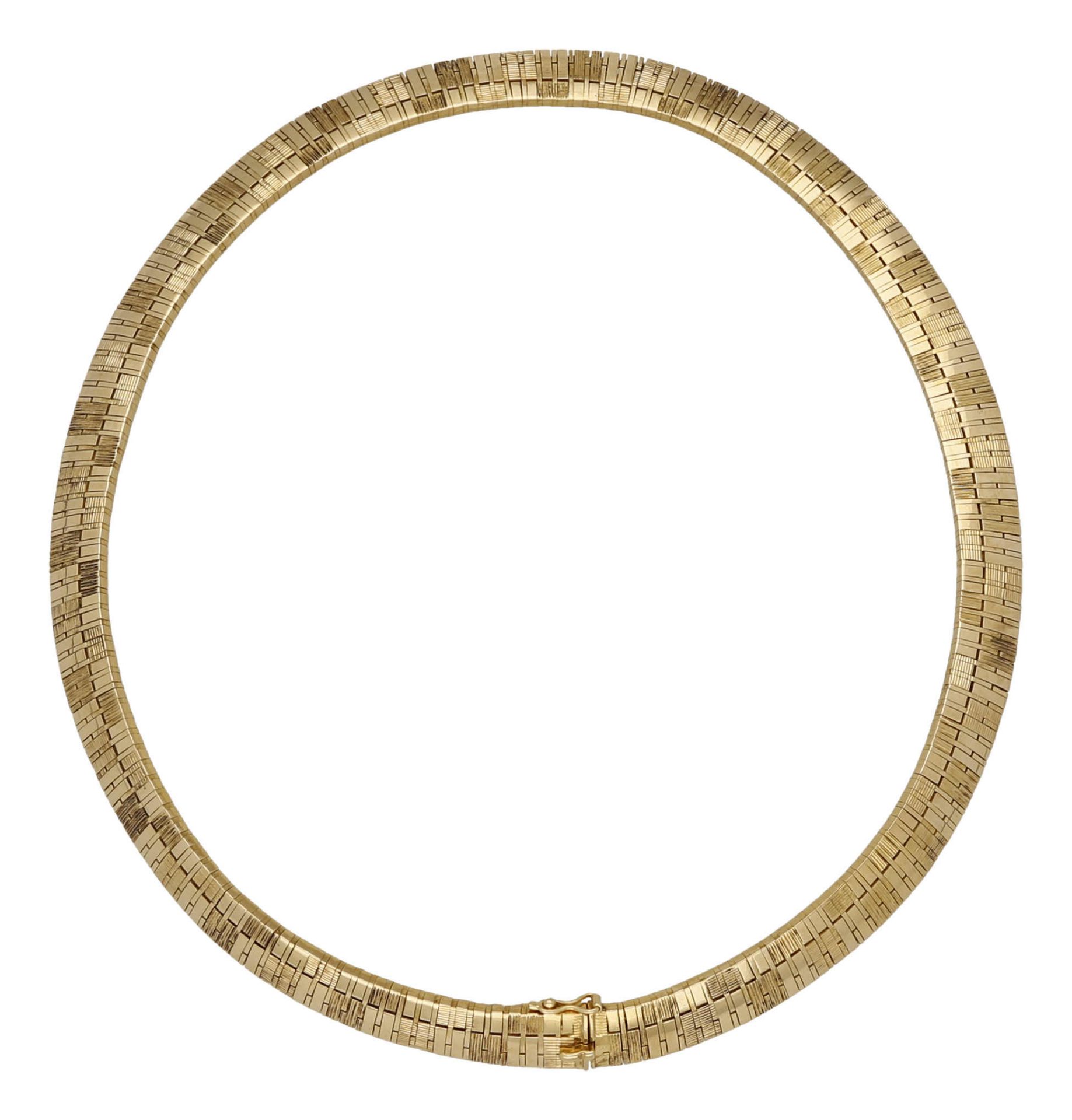 Gold-Collier Dekoratives Design in Gelbgold 18K. Polierte sowie auch gravierte Elemente geben dem