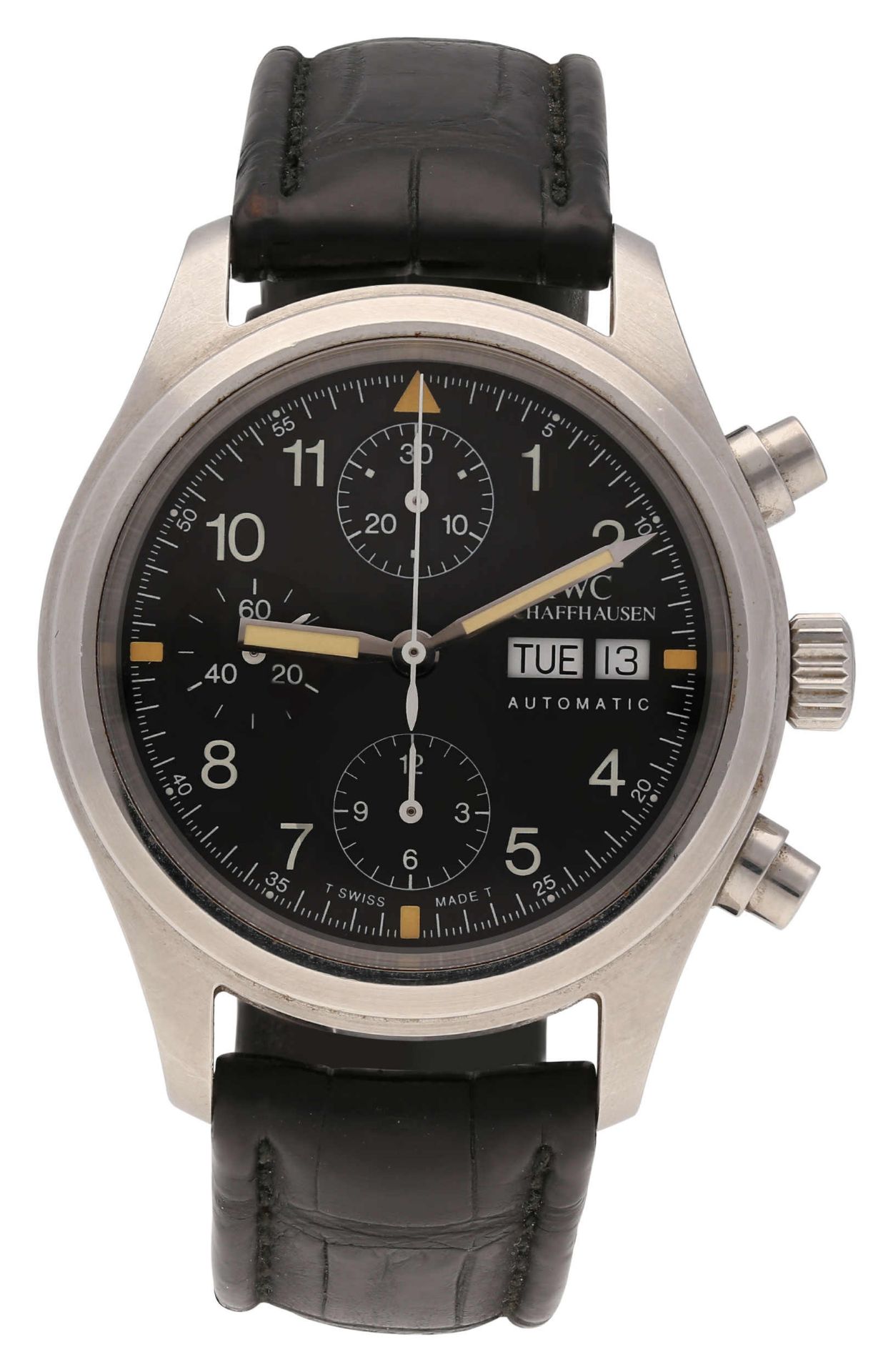 IWC Herrenarmbanduhr Fliegeruhr Chronograph in Stahl. Uhrwerk Automatik mit schwarzem Zifferblatt