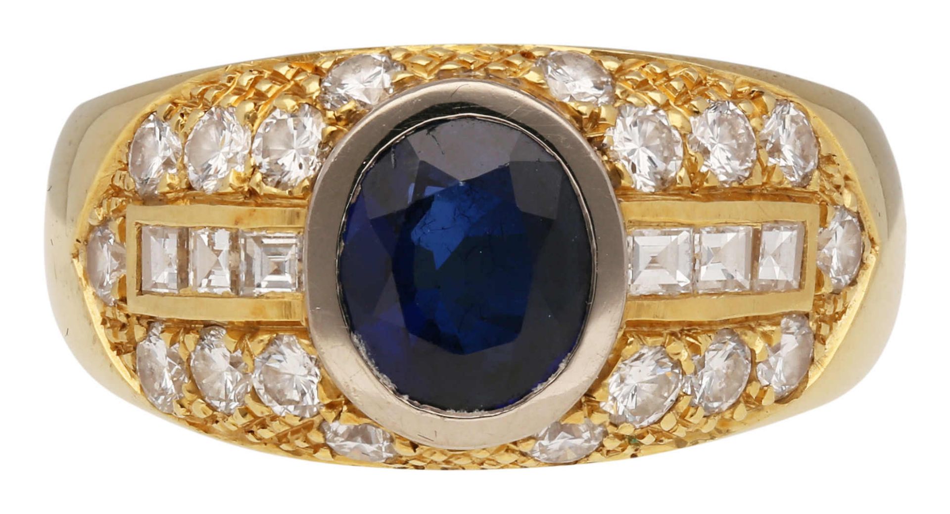 Saphir-Diamant-Ring Edles Design, signiert Frischknecht, St.Gallen, in Gelbgold 18K. Designer Ring