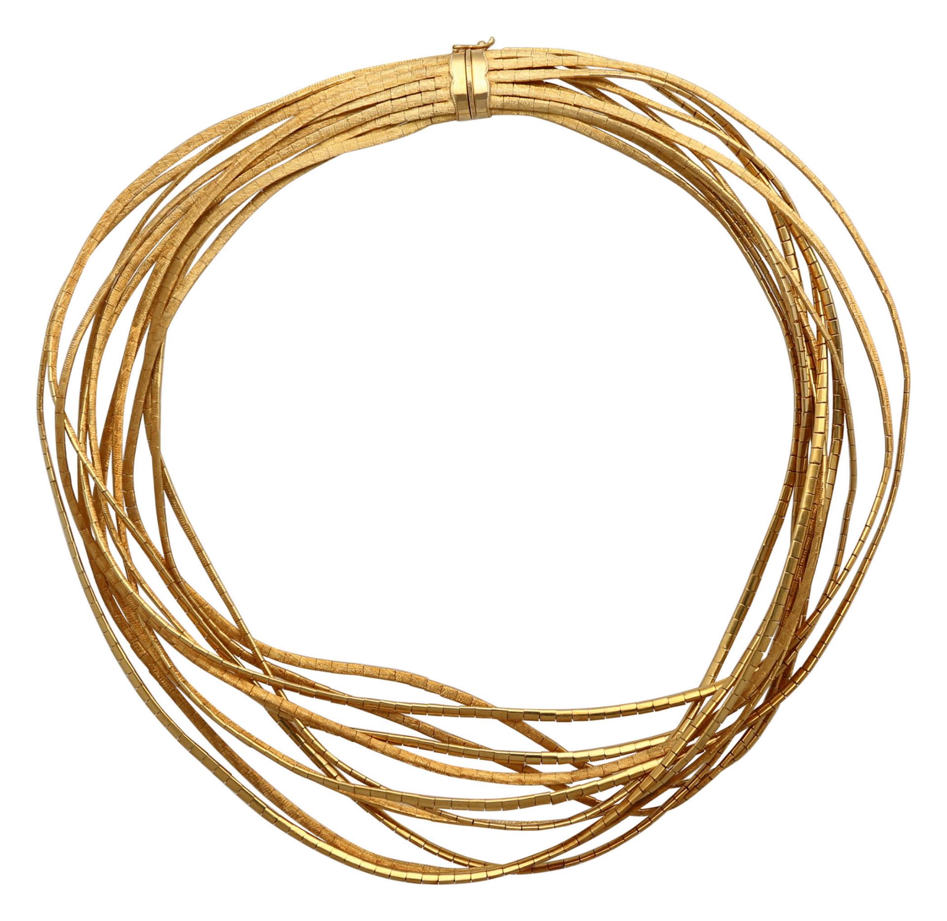 Gold-Collier Extravagantes Design in Gelbgold 18K. Mehrreihiges Collier, schauseitig satiniert und