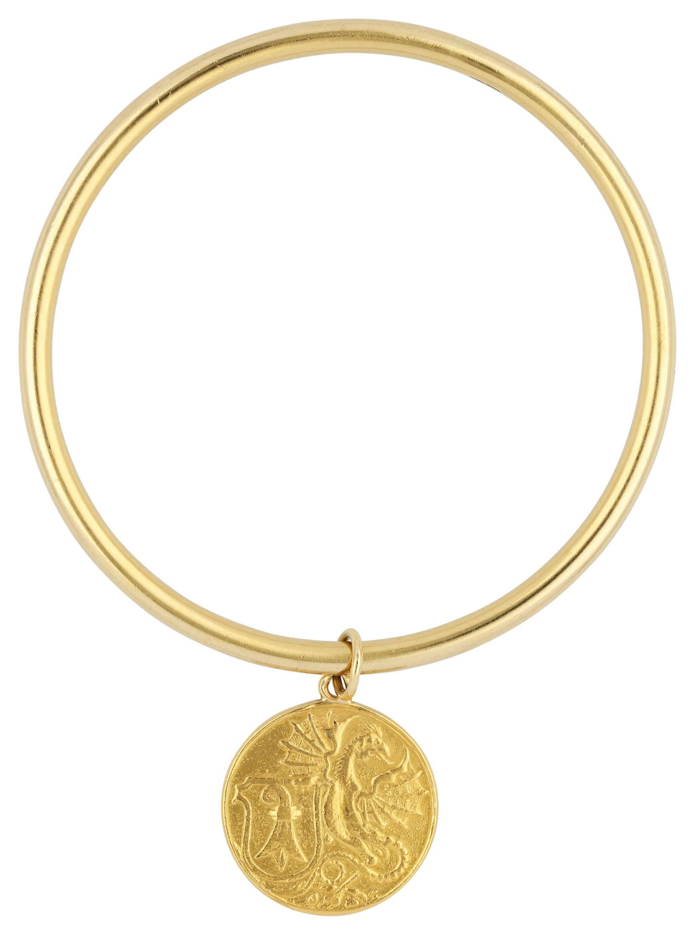 Armreif mit Basler-Medaille An poliertem Armreif Gelbgold 18K eine Medaille Gelbgold 24K. Auf der