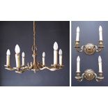 Brass chandelier & wall sconces.