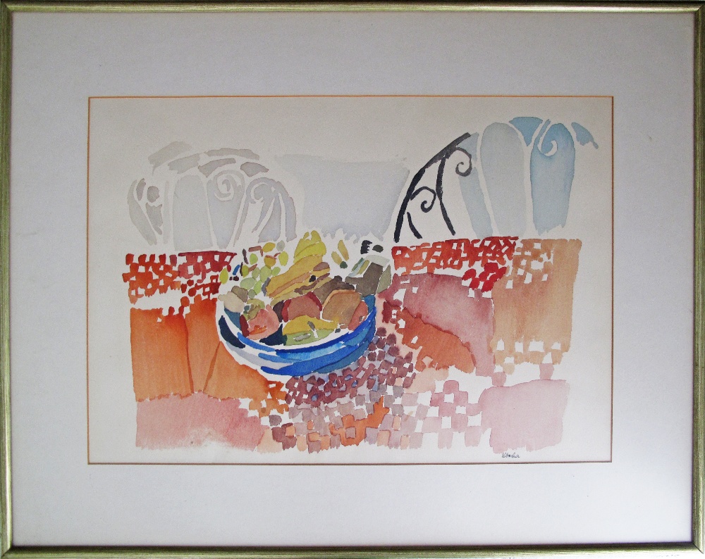 Amin El-Bacha (Lebanese 1932 -) watercolour of a bowl of fruit on a table, signed. 33X48cm, framed