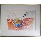 Amin El-Bacha (Lebanese 1932 -) watercolour of a bowl of fruit on a table, signed. 33X48cm, framed