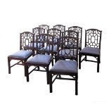 Pambos Savvides Chinese Chippendale style carved mahogany set of ten dining chairs, with pierced '