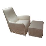 LINTELOO. A modern armchair with matching ottoman, upholstered in white fabric, W69cm, H100cm. (2)