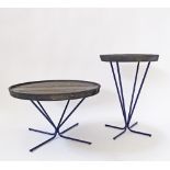 LINTELOO, Paola Navone coffee tables. Two metal round coffee tables on metal stands with wooden