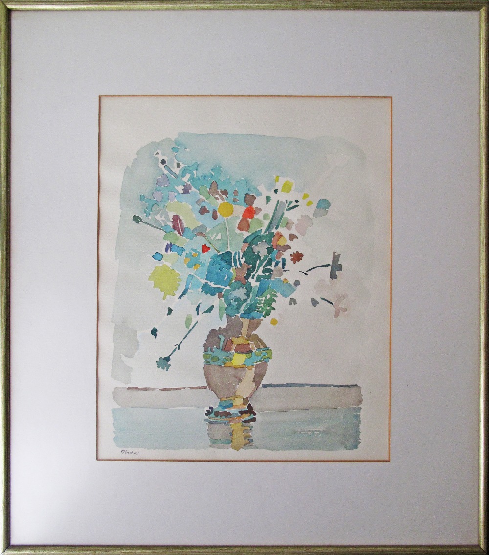 Amin El-Bacha (Lebanese 1932 -) watercolour of a vase with flowers on a table, signed. 40X31cm,