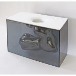 An Italian metallic glazed ceramic / porcelain sculpture in a glass rectangular jar, H45cm,