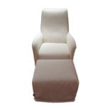 LINTELOO. A modern armchair with matching ottoman, upholstered in white fabric, W69cm, H100cm. (2)