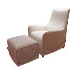 LINTELOO. A modern armchair with matching ottoman, upholstered in white fabric, W69cm, H100cm. (2)