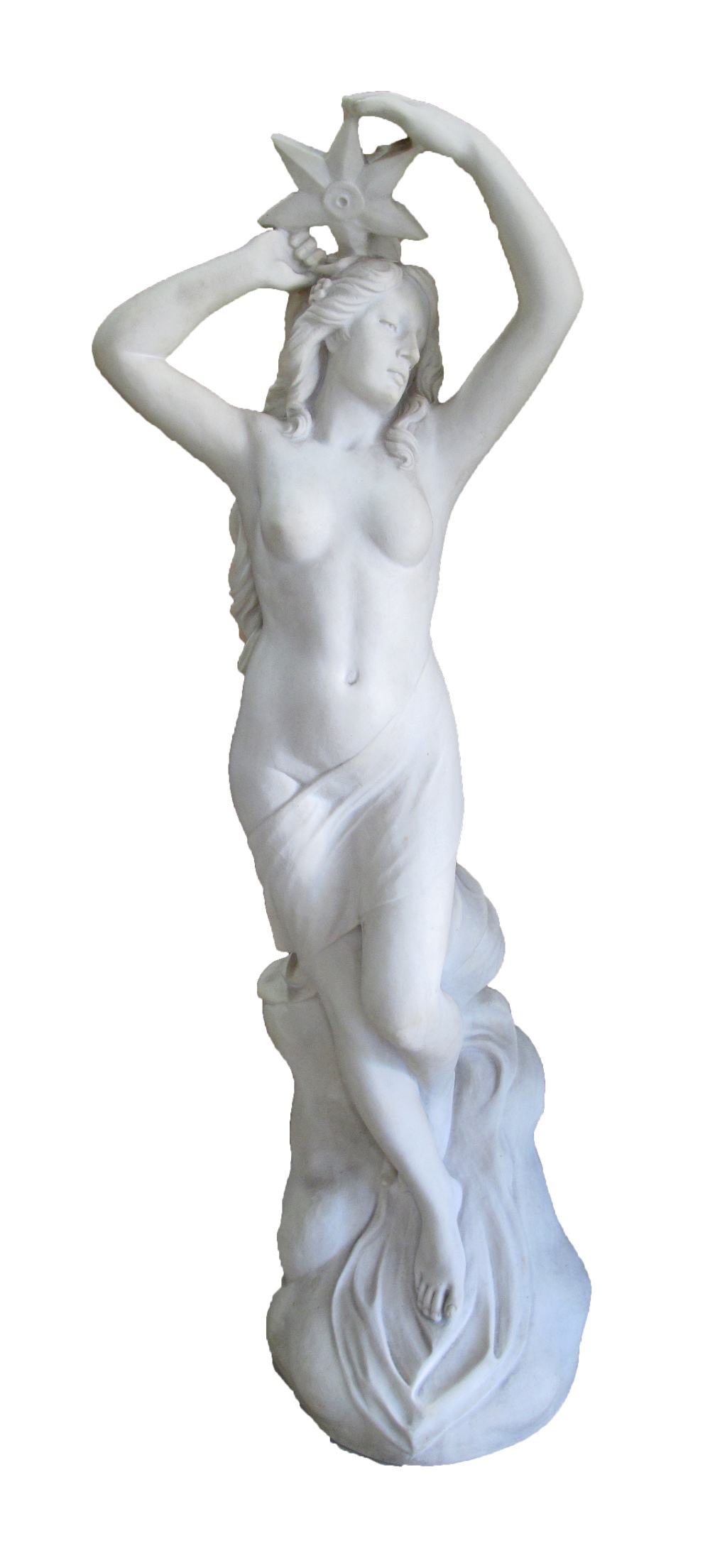 Garden Statuary: A reconstituted marble Venus of sea holding a star fish over her head. H87cm.